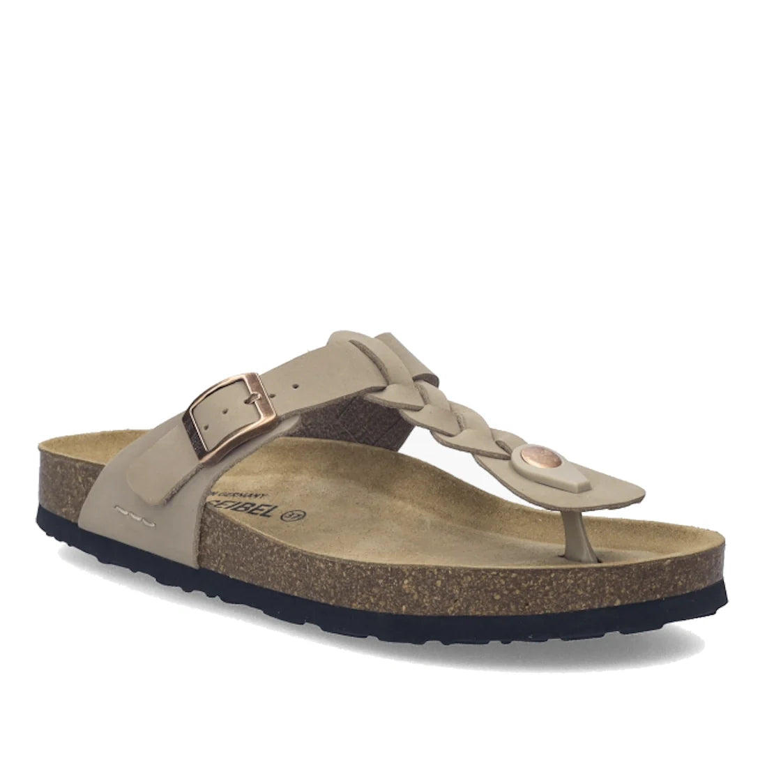 The Josef Seibel Hermine 15 Comfort Jandal Beige Kombi features a beige cork footbed, braided leather strap with metallic accent, an adjustable side buckle, and a black textured sole. These women’s sandals also include a comfortable toe loop for added sty