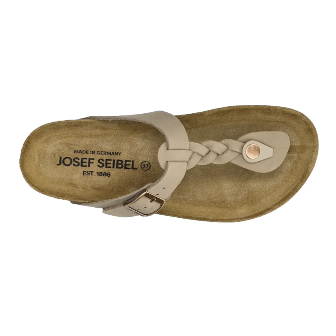 A single Josef Seibel Hermine 15 Comfort Jandal in beige kombi, featuring a braided leather strap, an adjustable buckle, and a supportive cork footbed. “Josef Seibel” and “Made in Germany” are printed on the insole., 53218, 53219, 4062838986846, 406283898