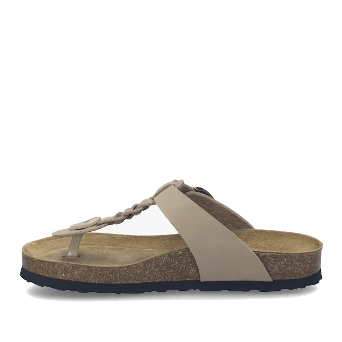 The Josef Seibel Hermine 15 Comfort Jandal Beige Kombi features a beige thong sandal design with a braided leather strap, cushioned cork footbed, and durable black rubber sole, displayed in side profile against a white background—an elegant choice among w