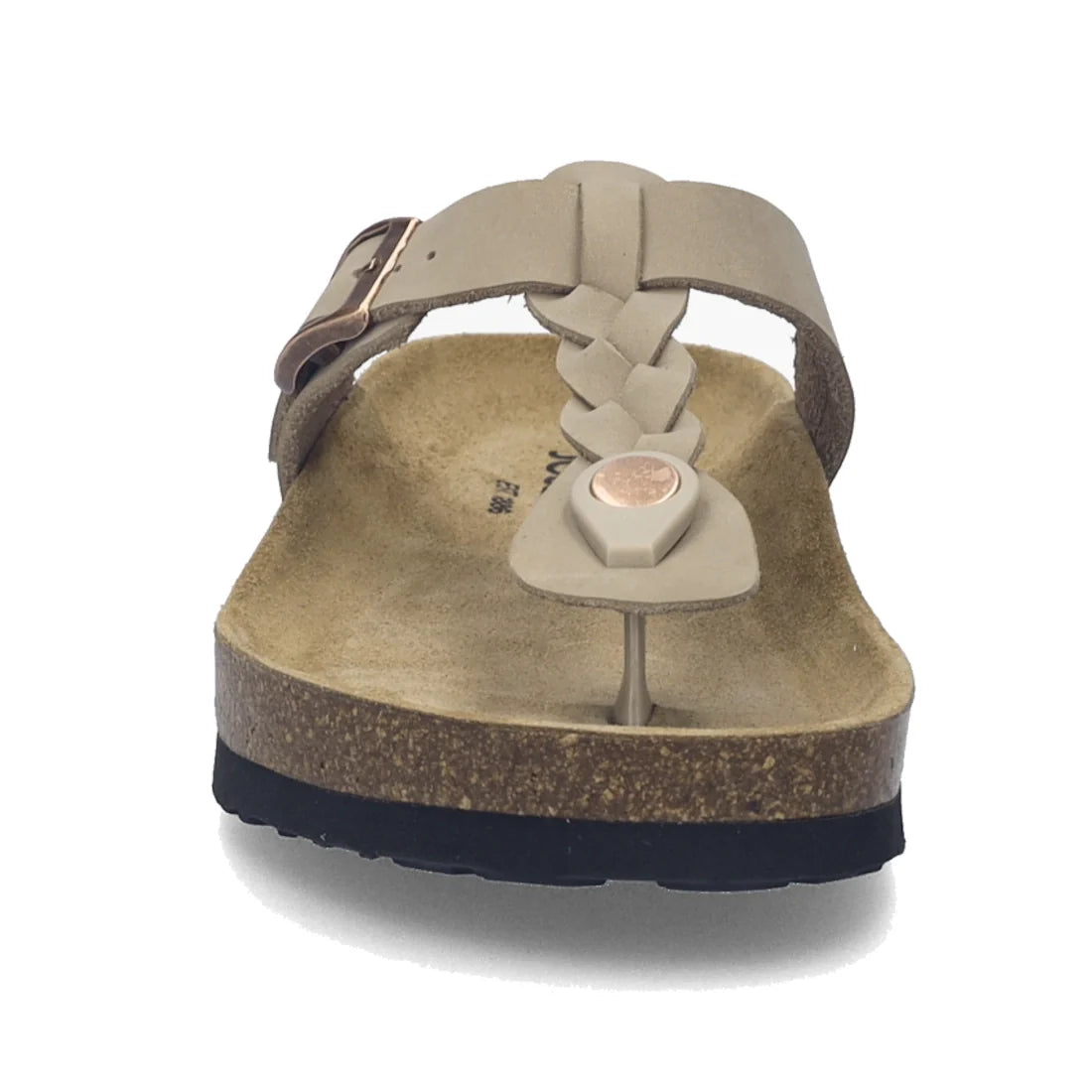 Front view of the Josef Seibel Hermine 15 Comfort Jandal in Beige Kombi, featuring a braided leather strap, toe post, cork footbed, and black rubber sole. A small metallic buckle is visible on the side strap, making these comfort jandals both stylish and 