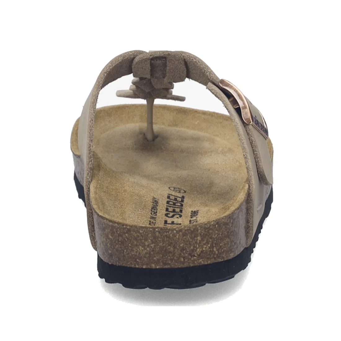 Rear view of the Josef Seibel Hermine 15 Comfort Jandal in Beige Kombi, featuring a braided leather strap, cork footbed, suede lining, and a black textured rubber sole., 53218, 53219, 4062838986846, 4062838986853, 4062838986860, 4062838986877, 53224