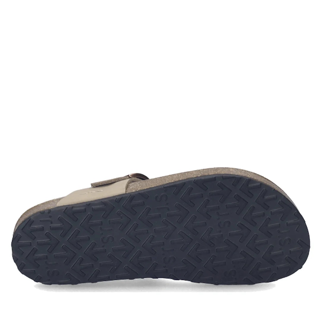 The Josef Seibel Hermine 15 Comfort Jandal in Beige Kombi is shown with the sole facing up, highlighting its dark, textured tread pattern. The sandal features a thick base and a partially visible braided leather strap as the beige upper., 53218, 53219, 40