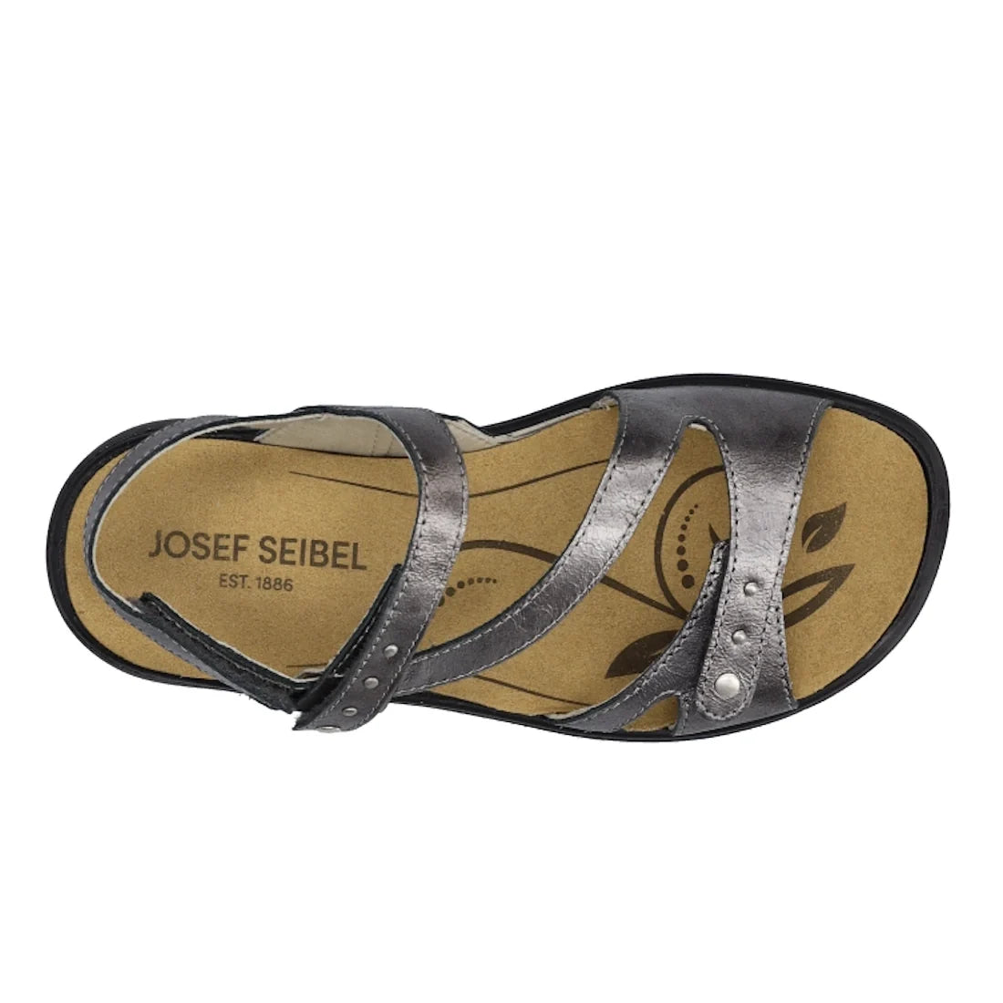 A top view of the Josef Seibel Ibiza 70 Womens Leather Comfort Sandal Anthrazit Pewter showcases a metallic finish with three straps, decorative stitching, and a velcro closure. The tan insole features the Josef Seibel logo along with an elegant leaf patt