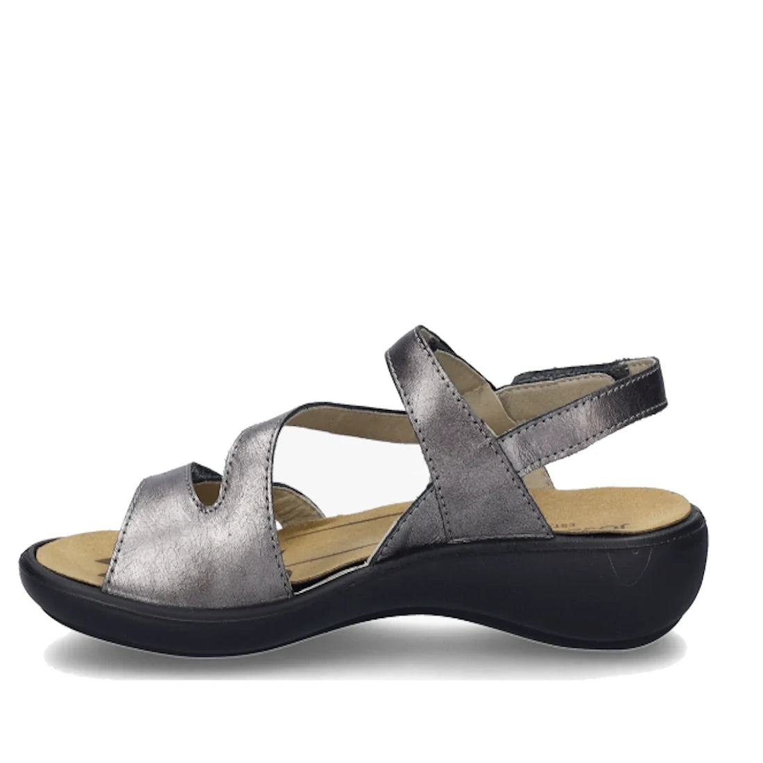 A women’s sandal in anthrazit pewter, the Josef Seibel Ibiza 70 Leather Comfort Sandal features a metallic gray finish, open toe, cut-out sides, an adjustable ankle strap, a cushioned beige insole, and a black slightly elevated sole., 53175, 4062838861907