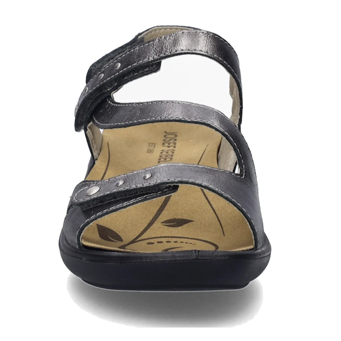 Front view of the Josef Seibel Ibiza 70 Womens Leather Comfort Sandal in Anthrazit Pewter, showcasing two adjustable straps, a tan insole with leaf patterns, and a black sole. This women’s sandal is designed for comfort and offers a simple, casual style.,