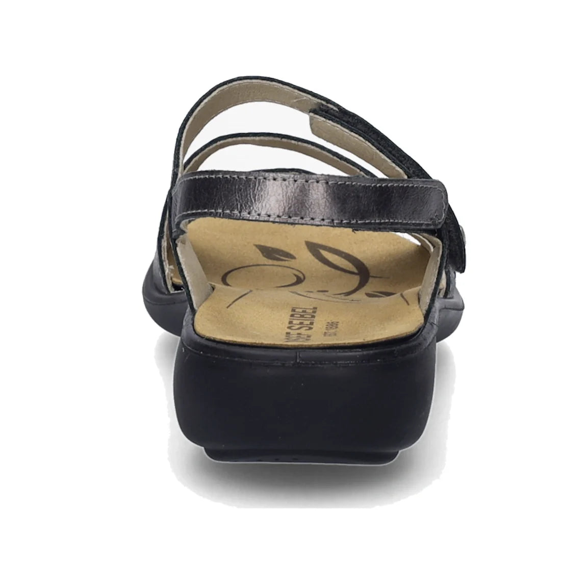 A rear view of the Josef Seibel Ibiza 70 Womens Leather Comfort Sandal in Anthrazit Pewter highlights its open heel, dual straps, and cushioned leaf-patterned insole. The thick, slightly elevated sole showcases the comfort and style characteristic of Jose