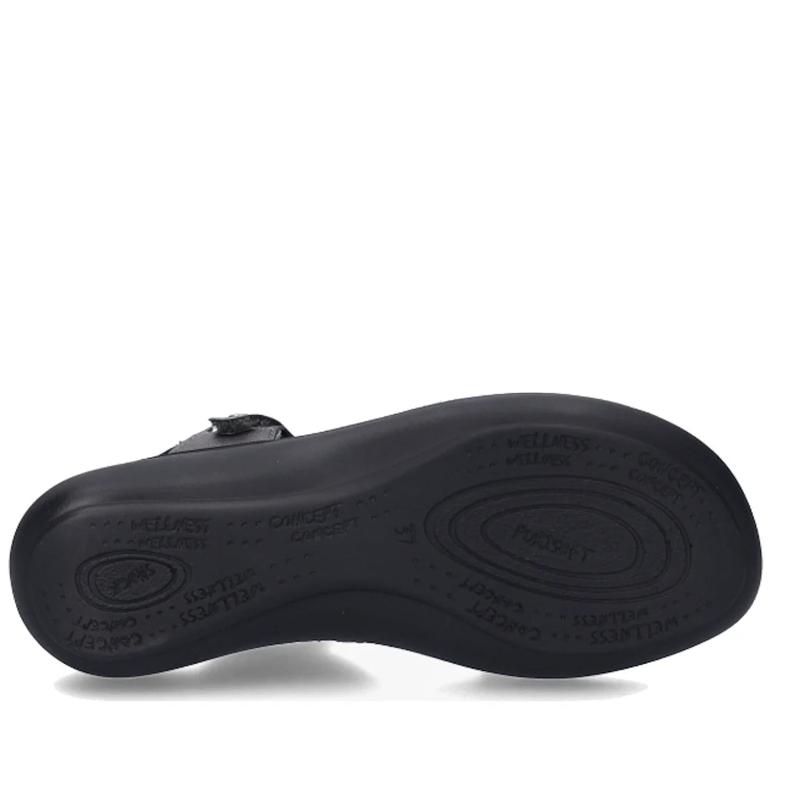 The image displays the bottom view of a black women’s sandal—specifically, the Josef Seibel Ibiza 70 Womens Leather Comfort Sandal in Anthrazit Pewter—with textured patterns and branding text such as “WELLNESS” and “COMFORT” printed on the sole for added 