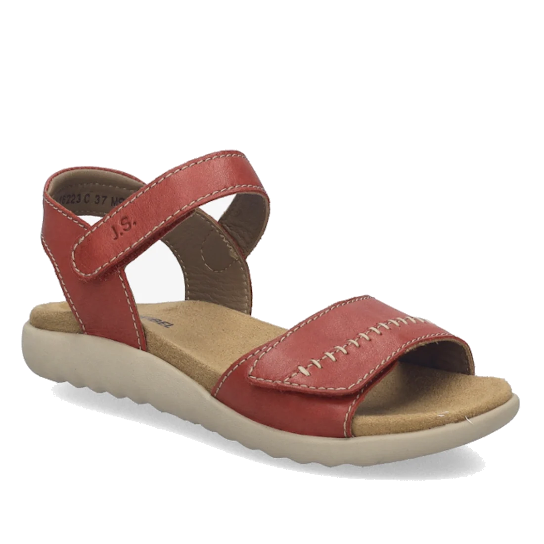 A single Josef Seibel Juliet 03 Womens Leather Comfort Sandal is shown in red leather with a beige sole, featuring a Velcro ankle strap and visible white stitching. This women’s sandal has an open toe and heel design, and is displayed on a plain white bac