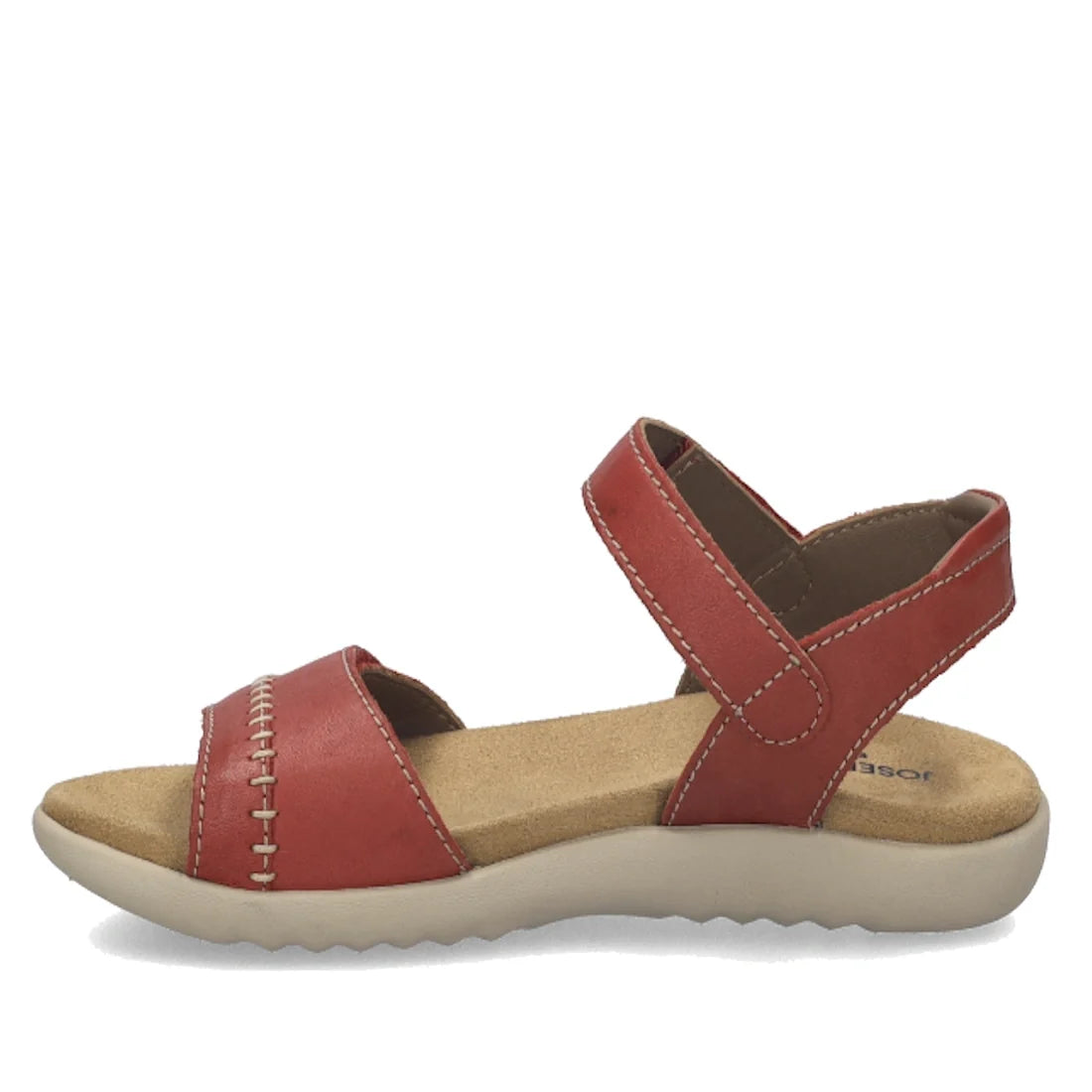 The Josef Seibel Juliet 03 Womens Leather Comfort Sandal is a bold red leather sandal accented with white stitching, showcasing an open toe and an ankle strap secured by a convenient hook-and-loop closure. As one of this season’s standout women’s sandals,