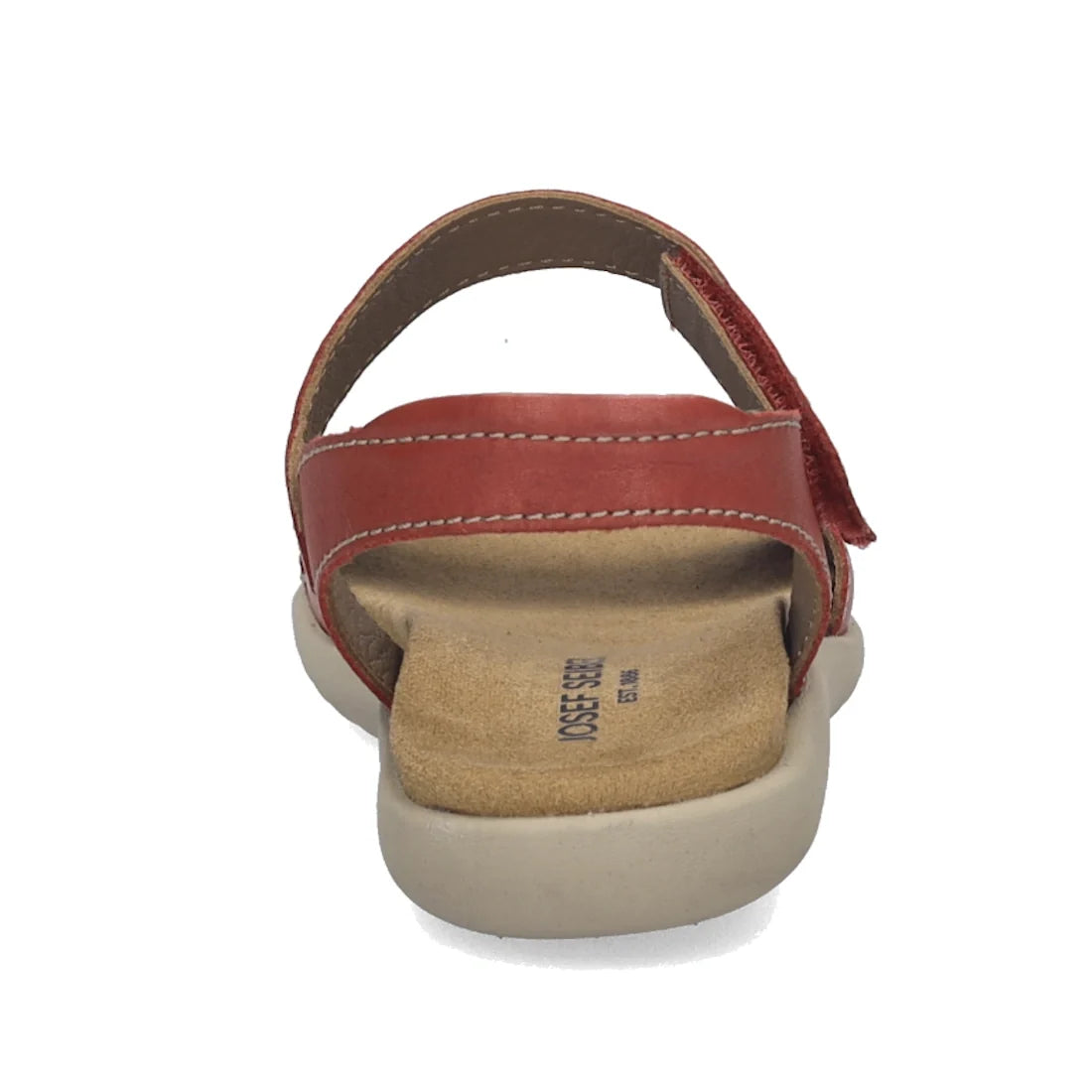 A close-up rear view of the Josef Seibel Juliet 03 Women’s Leather Comfort Sandal showcases a red leather upper paired with a beige cushioned sole, tan footbed, and prominent stitching details, all set against a white background. This stylish sandal highl