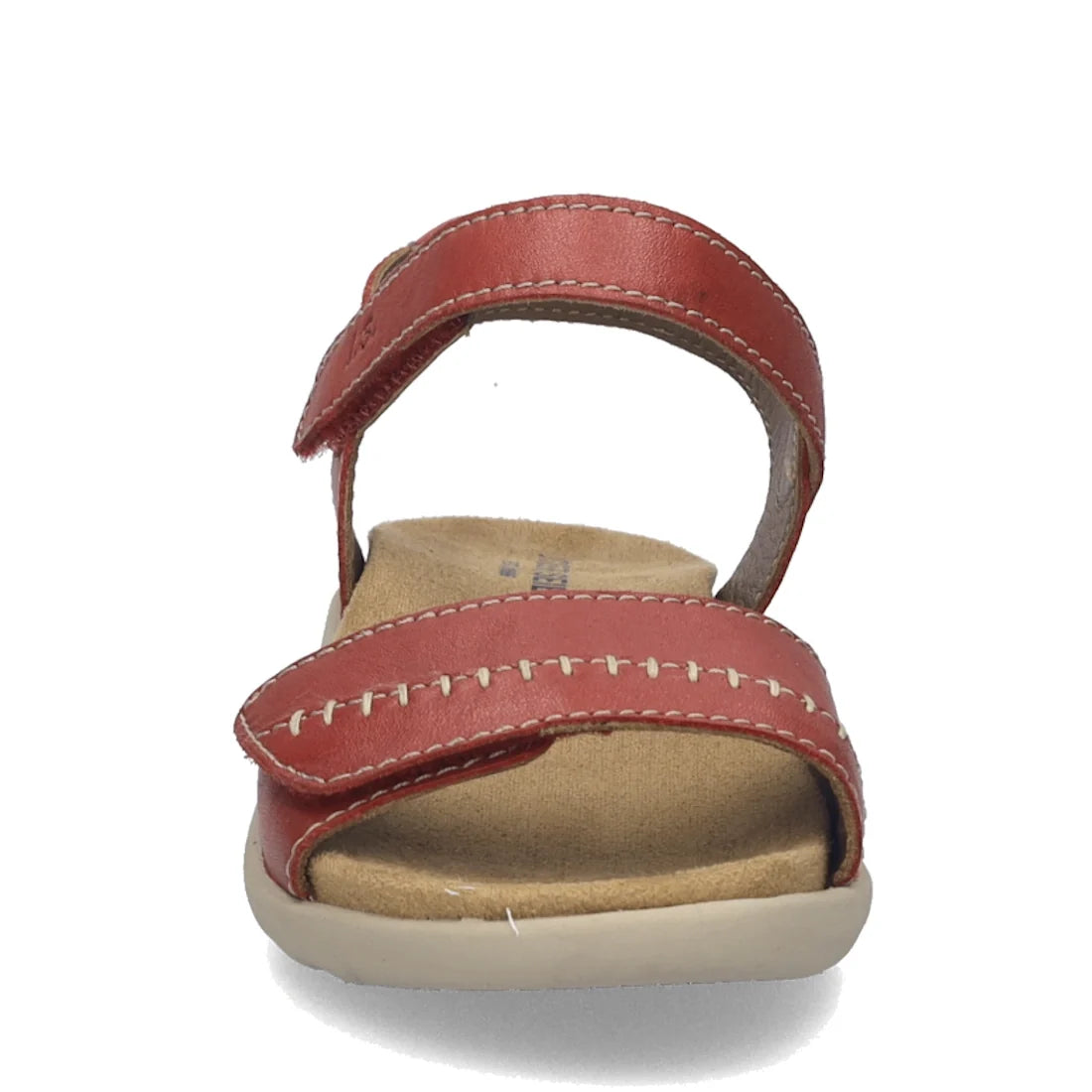A front view of the Josef Seibel Juliet 03 Women’s Leather Comfort Sandal highlights its bold red leather with contrasting white stitching, crafted for women who appreciate fashionable sandals. Designed with two adjustable straps and a tan cushioned footb