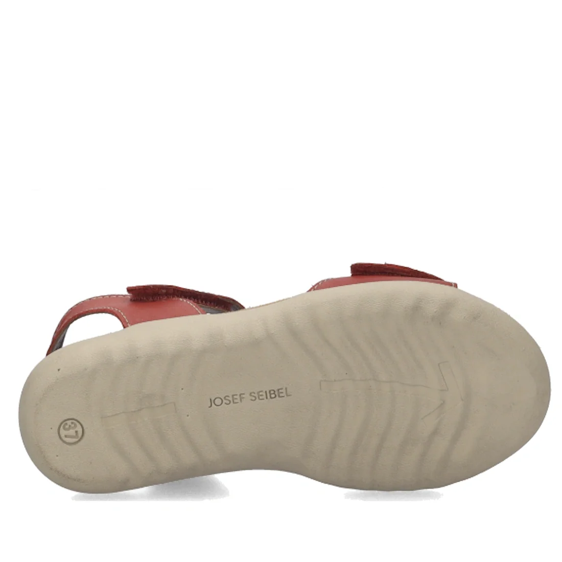 The image displays the bottom view of the Josef Seibel Juliet 03 Womens Leather Comfort Sandal in red leather, featuring a light beige sole. The sole showcases the JOSEF SEIBEL brand name printed in the center, along with a small smiley face near the heel
