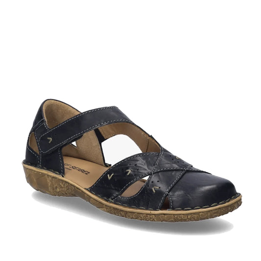 A pair of Josef Seibel Rosalie 03 Black Leather Women’s Covered Toe Sandals featuring nubuck leather, a low textured sole, cut-out details, and a velcro strap over the arch, designed for comfort and displayed on a white background.