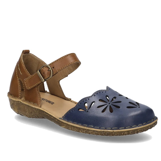 Experience all-day comfort and timeless style with the Josef Seibel Rosalie 04 Shark Kombi Leather Covered Toe Sandal in Navy Tan. Crafted from premium cowhide leather for lasting durability, this flat sandal features a navy blue perforated floral-pattern