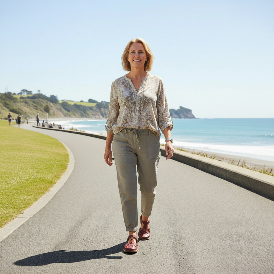 A woman walking on a paved coastal path wearing a beige patterned blouse, olive green drawstring pants, and brown shoes, with the ocean and grassy cliffs in the background., 53269, 4062838844887, 4062838844894, 4062838844900, 4062838844917, 4062838844924