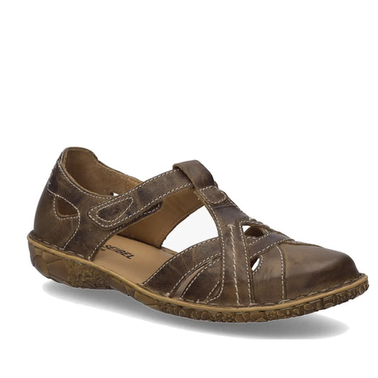 The Josef Seibel Rosalie 29 Brandy Tan Leather Women’s Covered Toe Sandal showcases brown leather with cutout details, tan stitching, and a low textured rubber sole. Presented on a white background, this style is ideal for those looking for comfortable ye