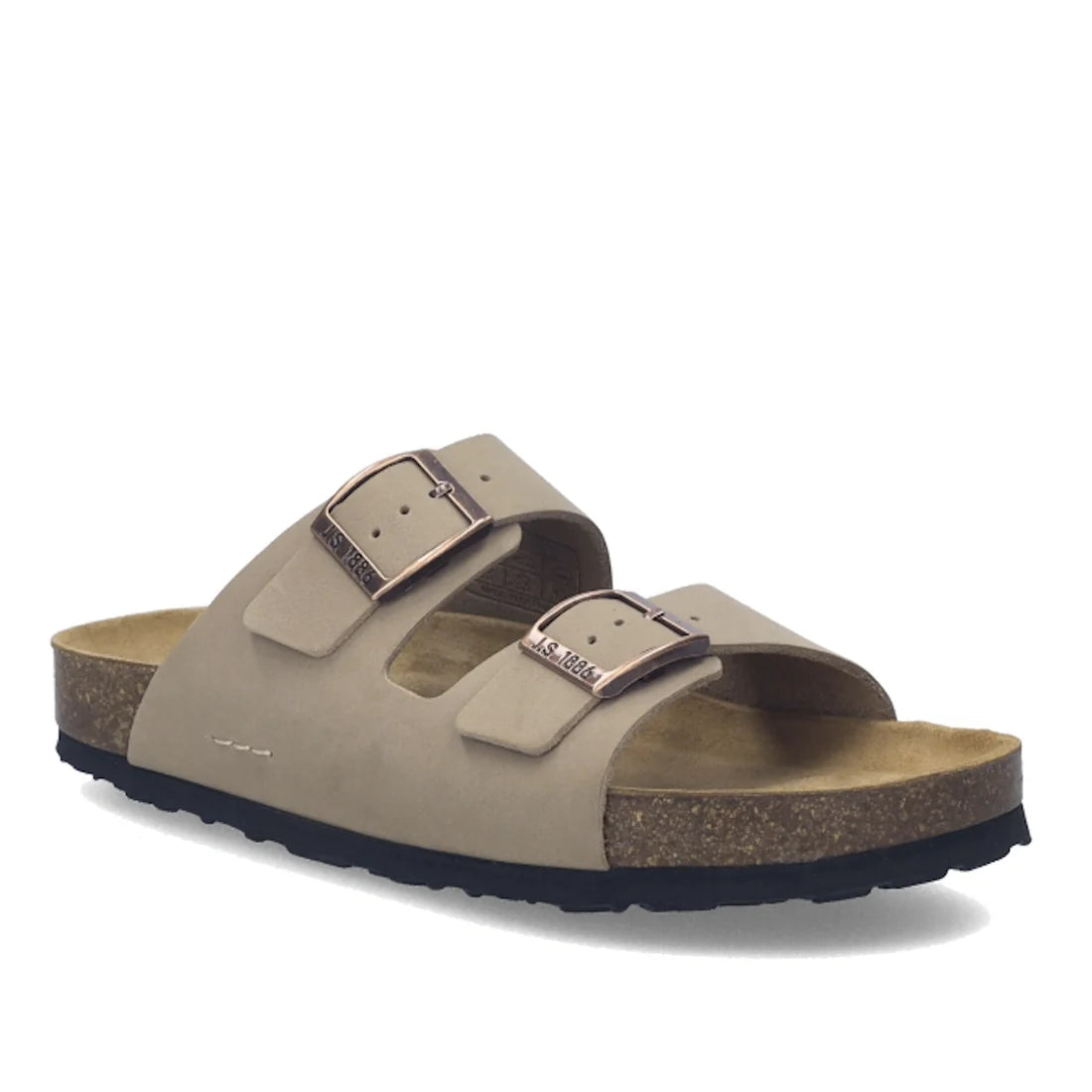 Josef Seibel Hermine 01 Comfort Womens Jandal Beige Kombi sandals with two adjustable straps and metal buckles, crafted from soft nubuck leather, featuring a comfortable cork sole and a black textured outsole, shown on a white background.