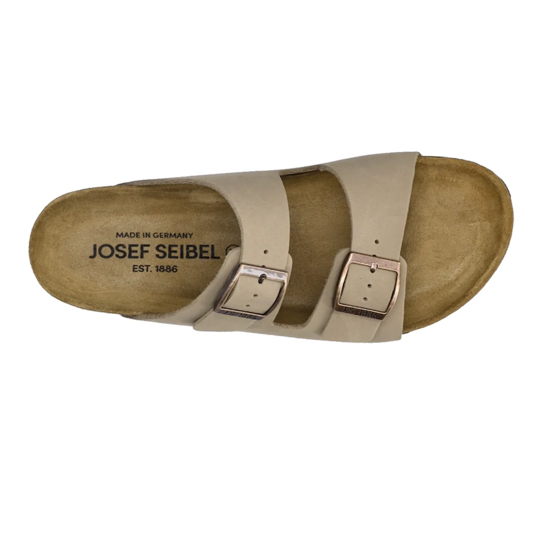 A single Josef Seibel Hermine 01 Comfort Women’s Jandal in Beige Kombi, crafted from nubuck leather with two adjustable buckle straps, a supportive cork sole, and Josef Seibel branding printed on the insole., 53254, 53255, 4062838986044, 4062838986051, 40