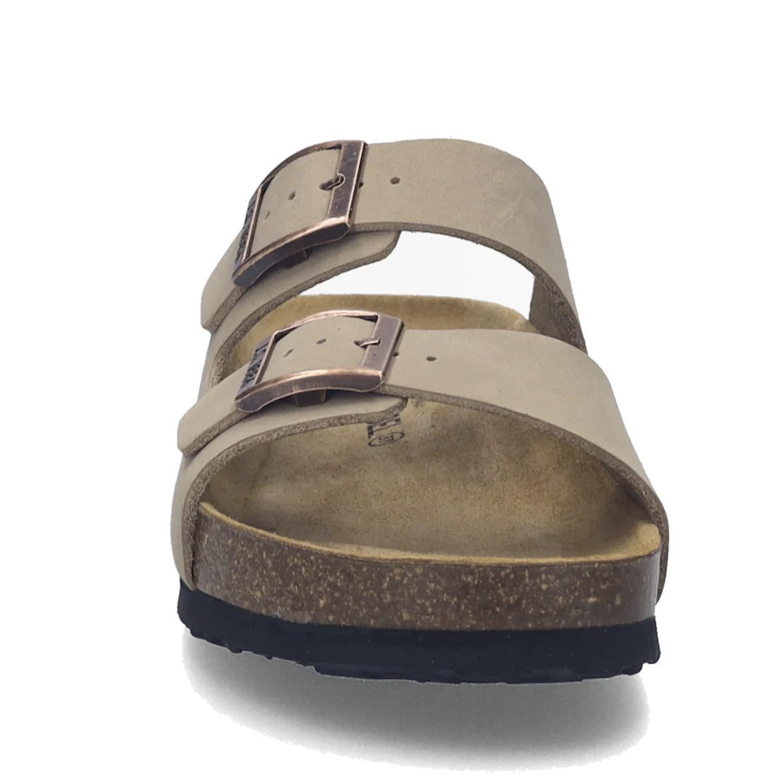A Josef Seibel Hermine 01 Comfort Women’s Jandal in Beige Kombi, featuring two adjustable nubuck leather straps with metal buckles, a comfy cork footbed, and a black rubber outsole, shown from the front., 53254, 53255, 4062838986044, 4062838986051, 406283