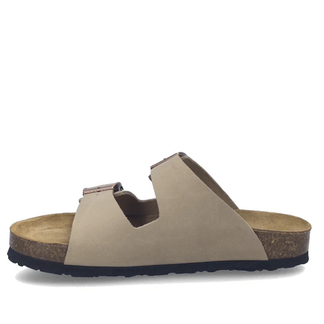 Josef Seibel Hermine 01 Comfort Womens Jandal in Beige Kombi features two adjustable straps with buckles, crafted from soft nubuck leather, and includes a comfortable cork sole with a black textured outsole, displayed in side profile on a white background