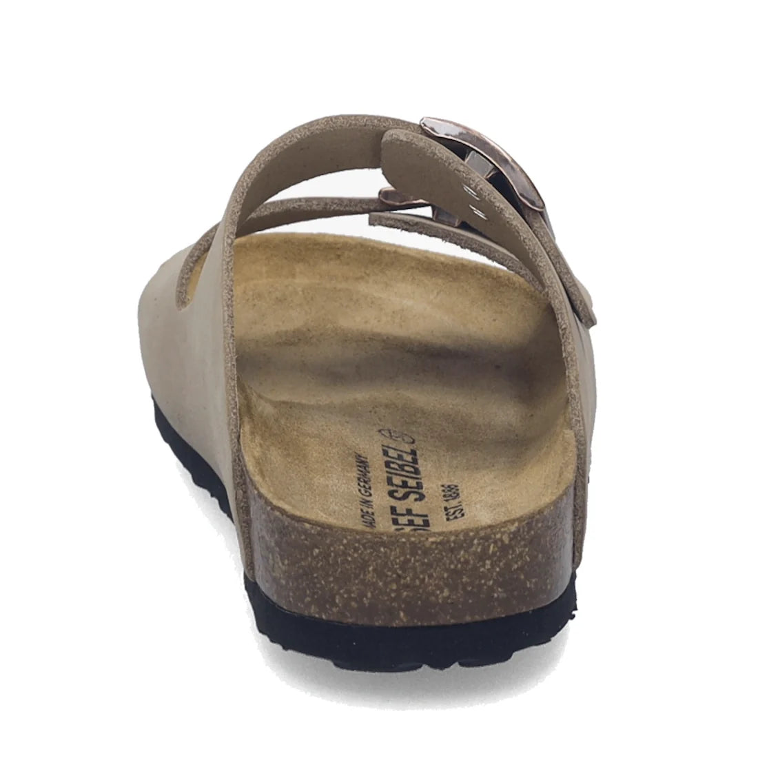 Josef Seibel Hermine 01 Comfort Womens Jandal in Beige Kombi, shown from the back, features a comfortable cork sole, black outsole, and a single nubuck leather strap with a metal buckle. The insole displays brand information., 53254, 53255, 4062838986044,