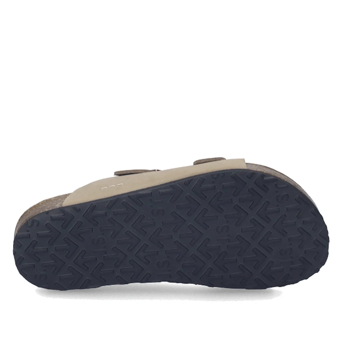A Josef Seibel Hermine 01 Comfort Womens Jandal in Beige Kombi lies on its side, displaying a black rubber sole with a repeating arrowhead tread pattern and beige nubuck leather straps visible on the upper side., 53254, 53255, 4062838986044, 4062838986051