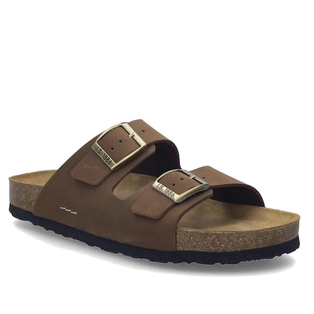 The Josef Seibel Hermine 01 Comfort Womens Jandal Braun Brown Kombi features nubuck leather construction in brown, two wide straps with adjustable gold buckles, a cork footbed, and a black textured sole, shown on a white background.