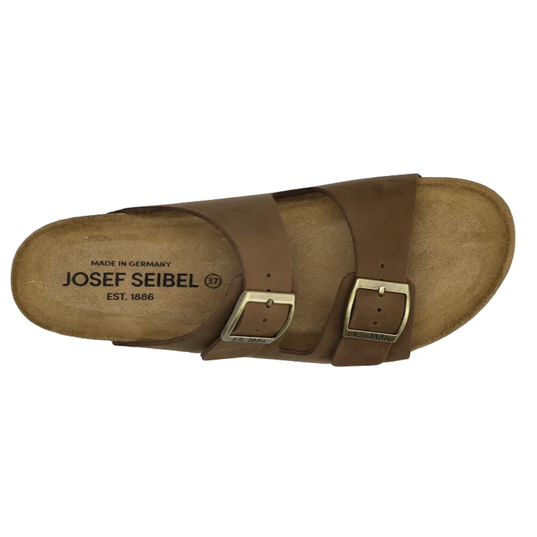 A single Josef Seibel Hermine 01 Comfort Womens Jandal in Braun Brown Kombi features two adjustable buckle straps, a tan footbed, and a nubuck leather upper. The slide includes an insole marked “JOSEF SEIBEL, EST. 1886, MADE IN GERMANY, 37,” blending styl