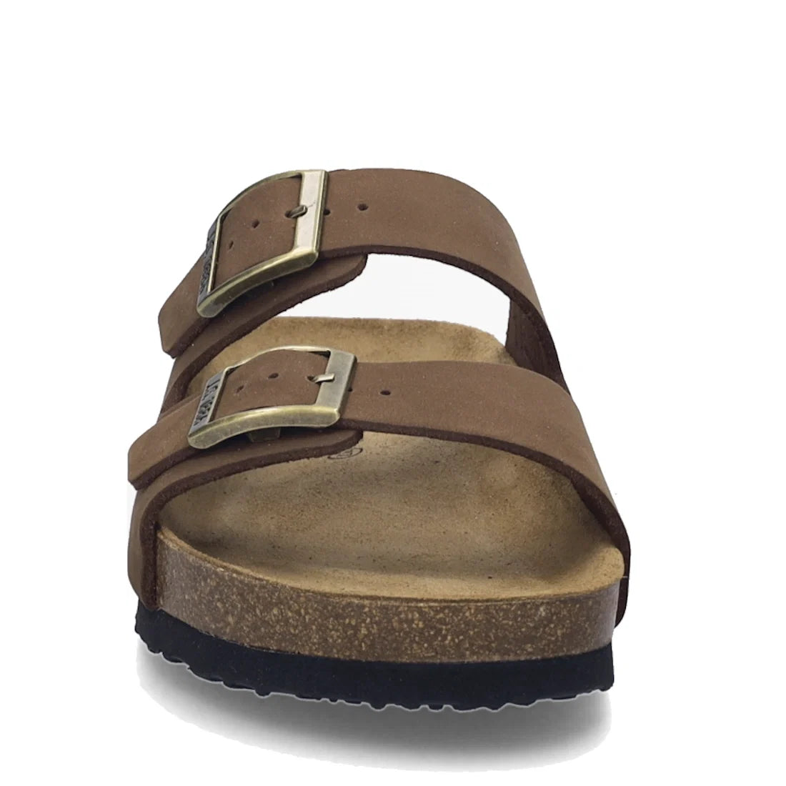 Front view of the Josef Seibel Hermine 01 Comfort Womens Jandal Braun Brown Kombi sandals, featuring two adjustable straps with metal buckles, crafted in luxurious nubuck leather. These sandals showcase a comfortable cork footbed and a black sole, display