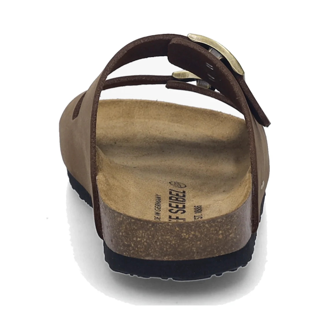 Rear view of the Josef Seibel Hermine 01 Comfort Womens Jandal in Braun Brown Kombi, featuring an open-toe design, cork footbed, black sole, and a strap with a metal buckle. The interior branding text is partially visible. This comfortable sandal evokes t