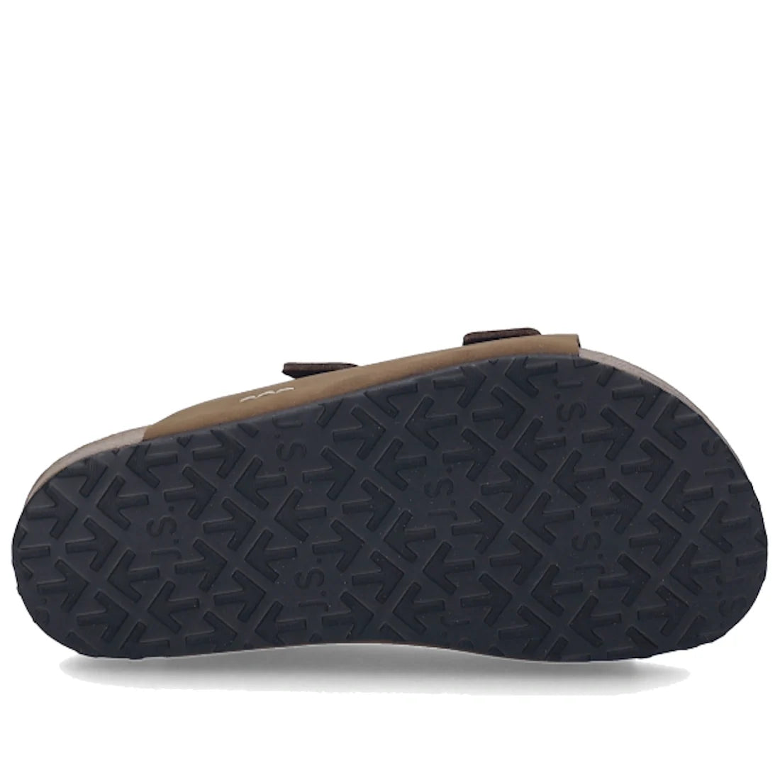 A sandal shown from the bottom, displaying a black textured sole with a herringbone pattern and embossed brand name. The upper part of the Josef Seibel Hermine 01 Comfort Womens Jandal Braun Brown Kombi sandal is light brown, highlighting the refined look