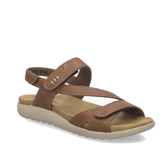 Step into comfort and style with the Josef Seibel Juliet 01 Womens Leather Comfort Sandal in Cognac Tan, crafted from brown cowhide leather with open toes, adjustable heel and ankle straps, white stitching accents, and a cushioned beige sole—ideal for tho