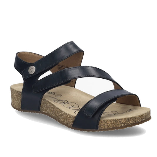 Introducing the Josef Seibel Tonga 25 Womens Leather Comfort Sandal in Schwarz Black—crafted with a comfortable cork sole and a low wedge heel, this stylish sandal features three sleek black leather straps across the top and an adjustable side buckle at t