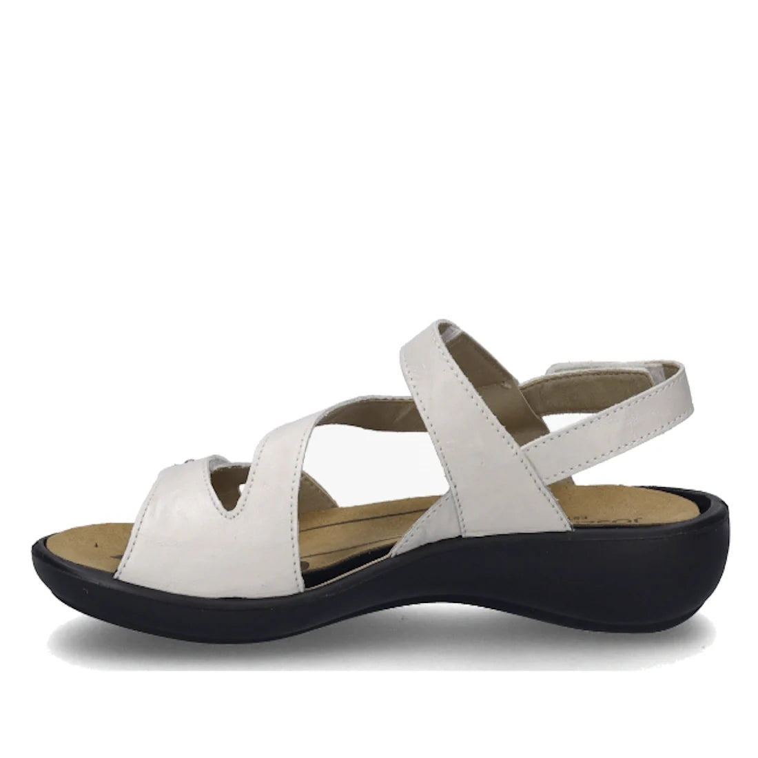 A left side profile of the Josef Seibel Ibiza 70 Women’s Leather Comfort Sandal in white, featuring an open toe, side cutouts, a secure ankle strap, and a contrasting low black sole—an ideal choice for women seeking stylish and comfortable sandals., 40628