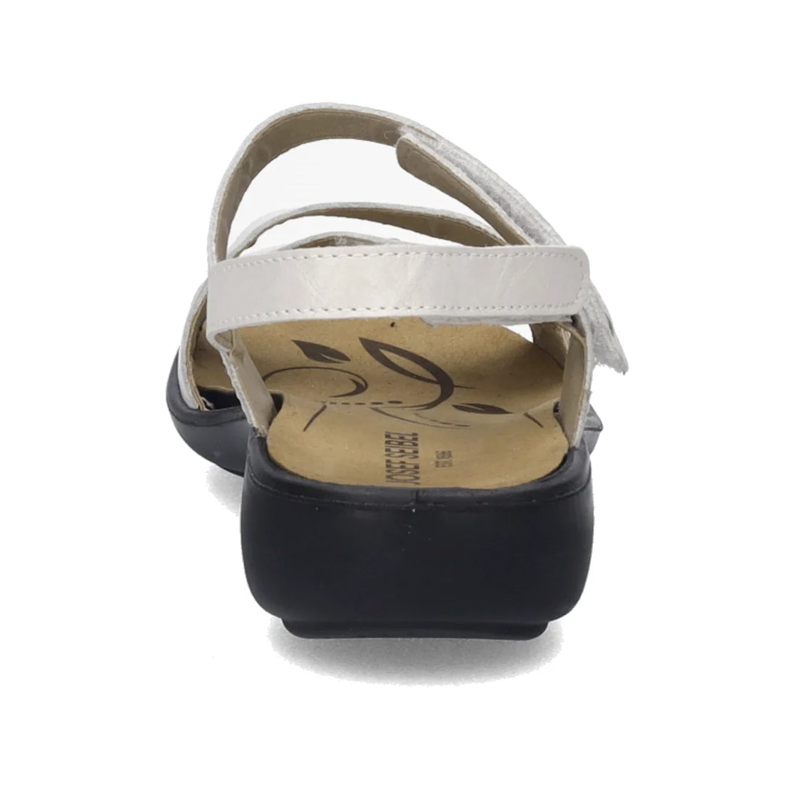 A close-up rear view of the Josef Seibel Ibiza 70 Women’s Leather Comfort Sandal in white, featuring soft leather straps and a contrasting black sole with a floral-patterned insole—a stylish and comfortable choice for your women’s sandal collection., 4062