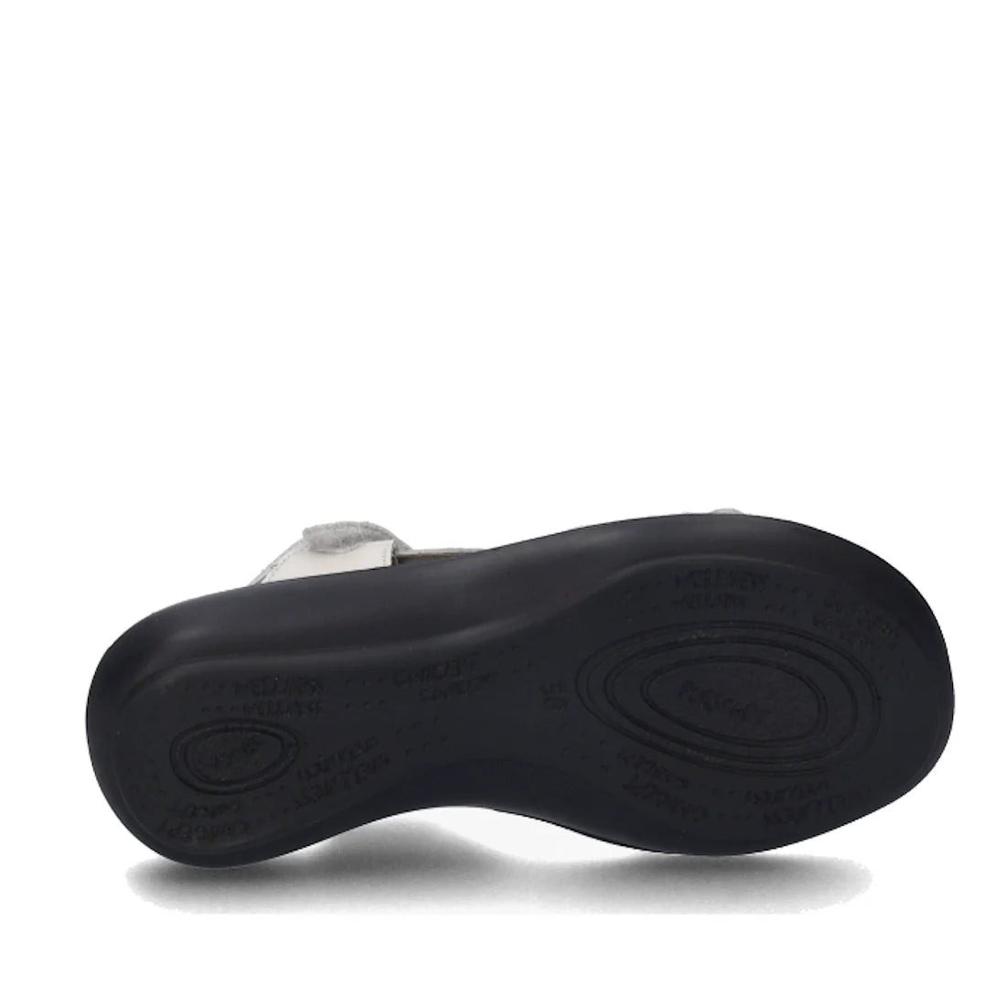 The image displays the black rubber sole of the Josef Seibel Ibiza 70 Women’s Leather Comfort Sandal in White, viewed from below. The sole features textured patterns and embossed branding for grip, while the upper part of this sandal is white leather., 40