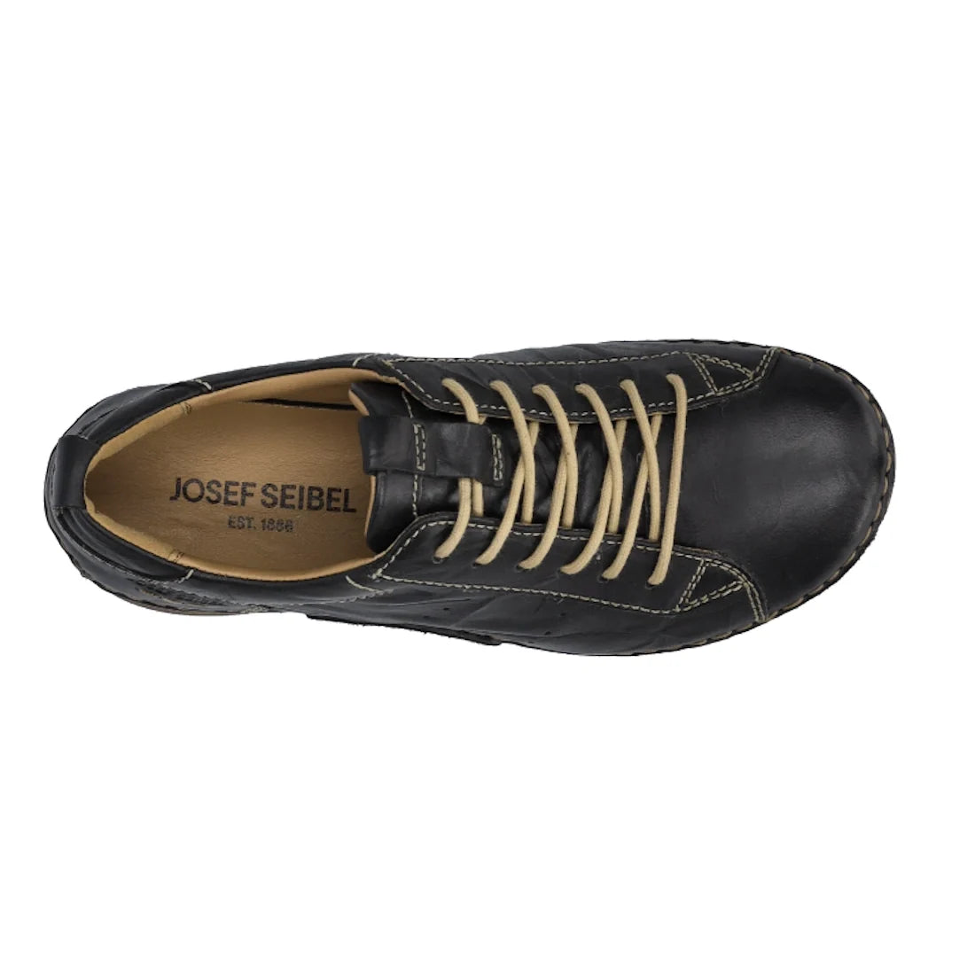Top view of the Josef Seibel Fergy 56 Women’s Casual Lace Up Shoe in black, crafted from premium smooth leather with beige laces and white stitching. The tan insole is labeled “JOSEF SEIBEL EST. 1886” in black text, ensuring a comfortable fit with every s