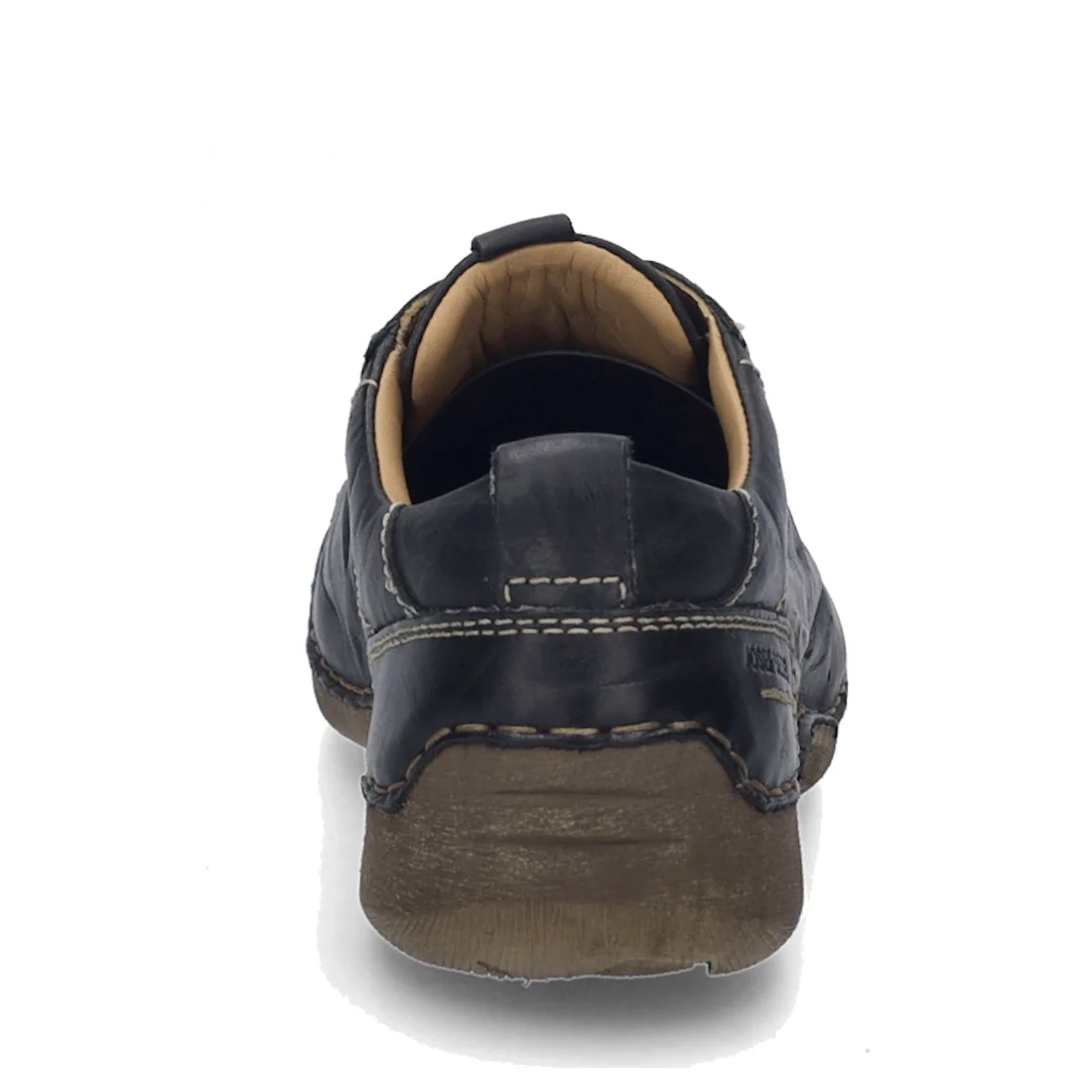 A rear view of the Josef Seibel Fergy 56 Women’s Casual Lace Up Shoe in black, crafted from premium smooth leather with visible stitching, a brown sole, heel pull tab, and tan interior lining, displayed against a white background for a comfortable fit.