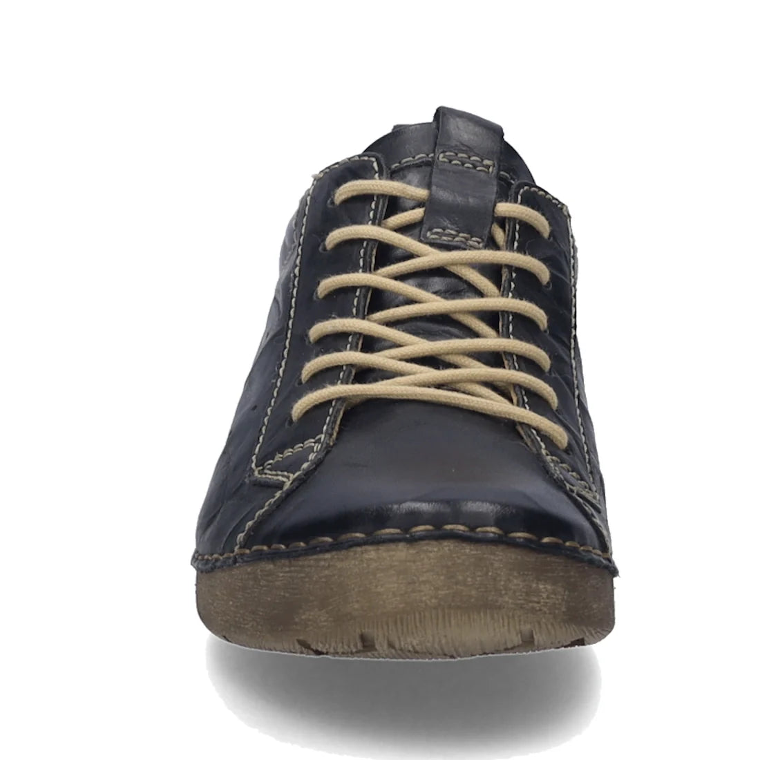 Here’s the rewritten sentence using your product data: A front view of the Josef Seibel Fergy 56 women’s casual lace-up shoe in black premium smooth leather, featuring light tan laces and visible stitching, displayed on a white background for a comfortabl