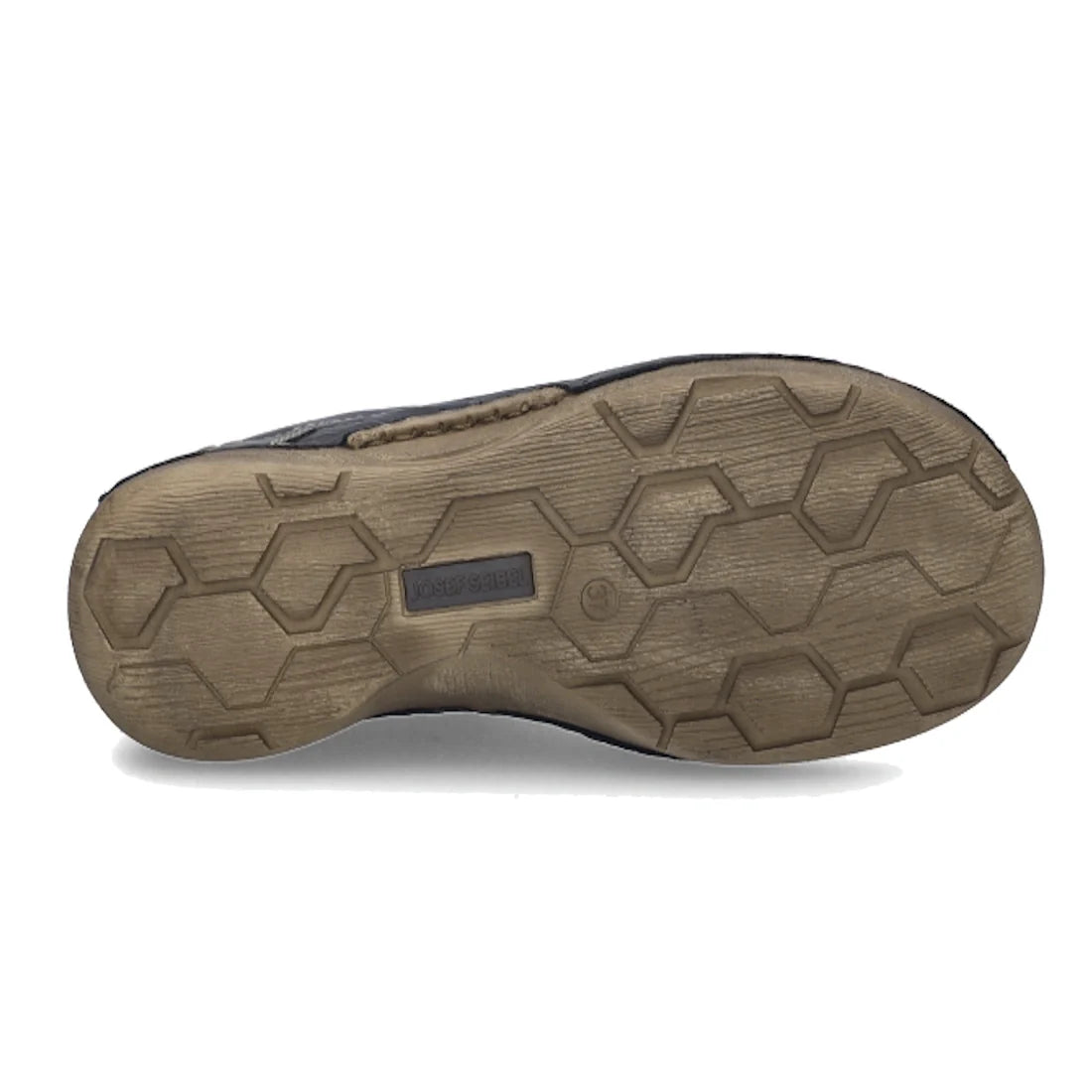 The image shows the bottom view of the Josef Seibel Fergy 56 Women’s Casual Lace Up Shoe in black, featuring a tan rubber sole with a hexagonal tread pattern and a rectangular label area in the center.