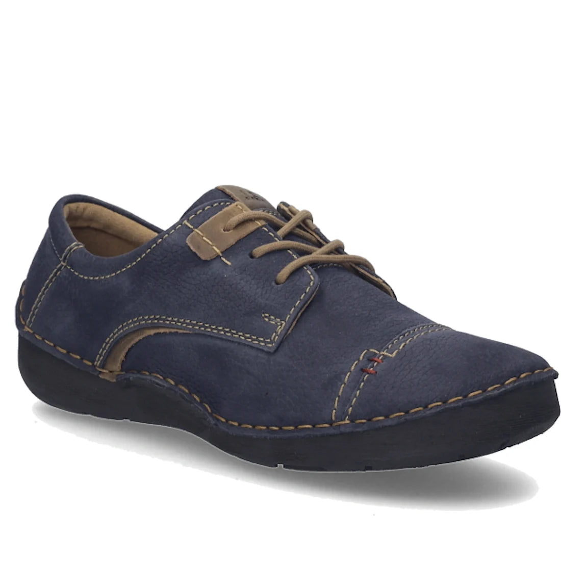 Introducing the Josef Seibel Fergy 41 Women’s Casual Lace Up Shoe in Ocean Blue, crafted from premium leather with tan laces, beige handcrafted stitch detailing, and a black rubber sole—shown at an angle from the front left side.