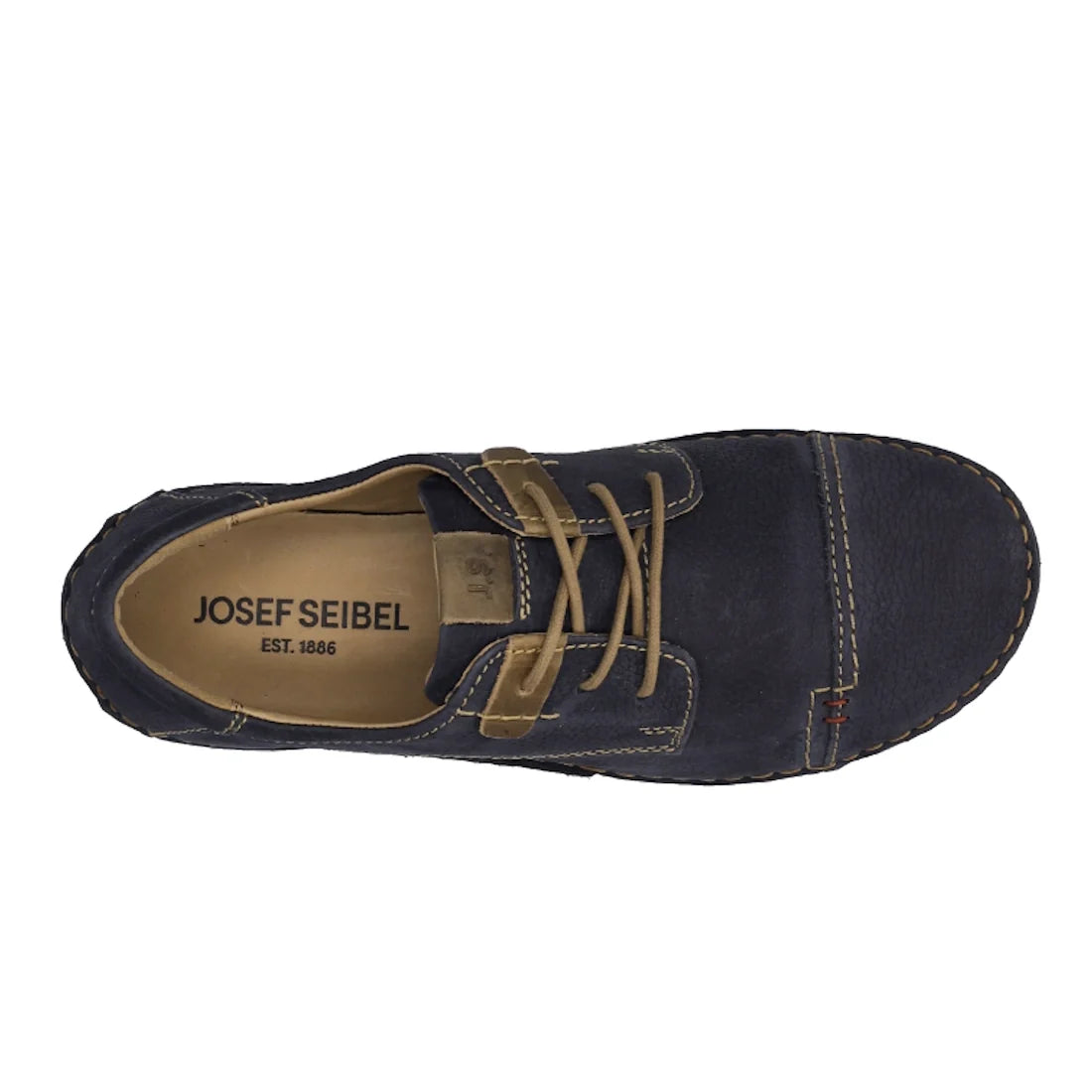 Top view of an ocean blue Josef Seibel Fergy 41 women’s casual lace-up shoe with tan laces and stitching, handcrafted stitch detailing, tan inner lining, and visible JOSEF SEIBEL EST. 1886 branding on the insole., 53128, 4062838921991, 4062838922004, 4062