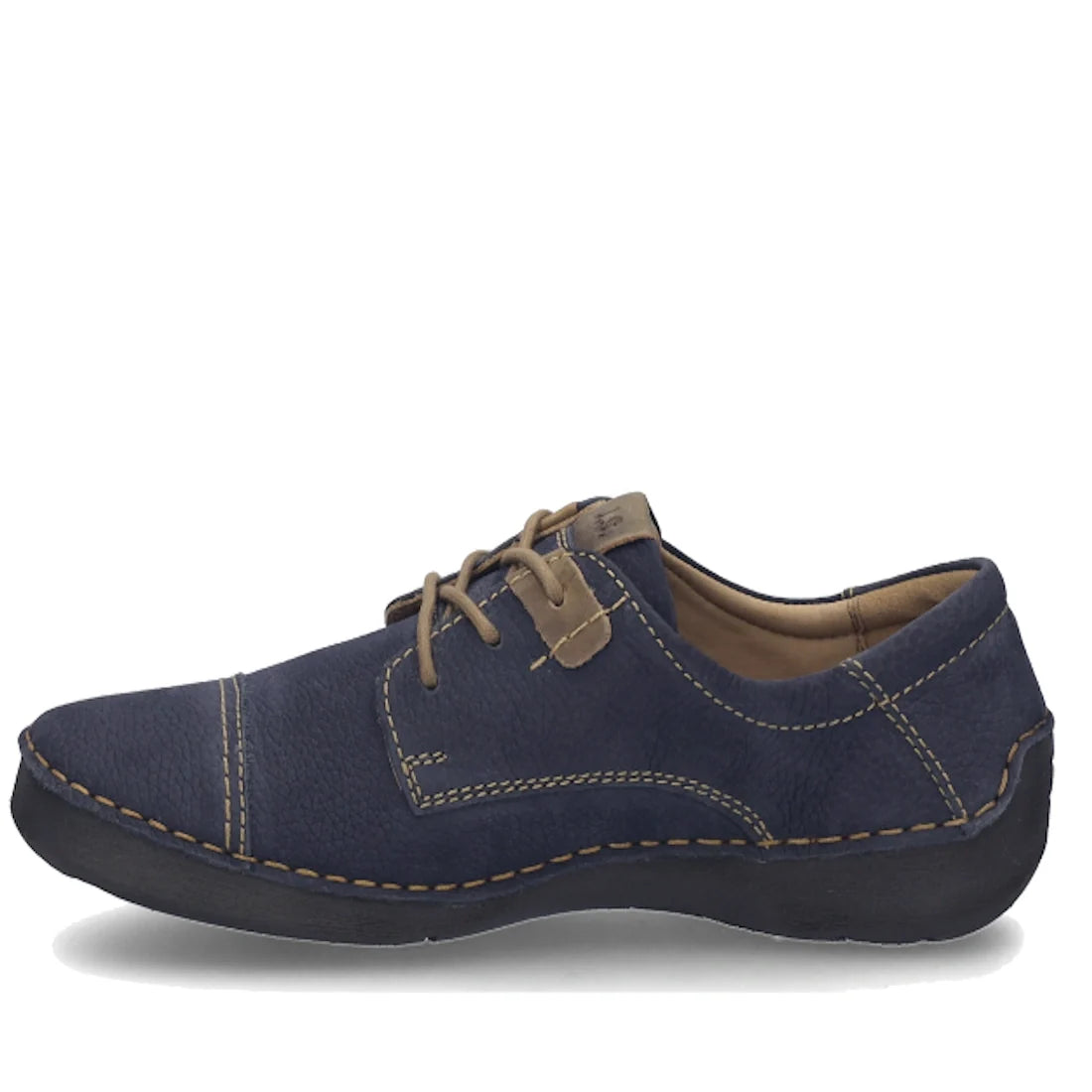 The Josef Seibel Fergy 41 Women’s Casual Lace Up Shoe in Ocean Blue is shown from the side on a white background, featuring handcrafted beige stitch detailing, brown laces, and a rubber sole., 53128, 4062838921991, 4062838922004, 4062838922011, 53132, 531