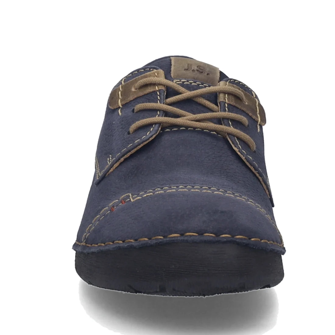 Front view of the Josef Seibel Fergy 41 Womens Casual Lace Up Shoe in ocean blue suede with tan laces and visible tan stitching, set against a white background—perfectly showcasing the handcrafted stitch detailing for those seeking stylish women’s lace-up