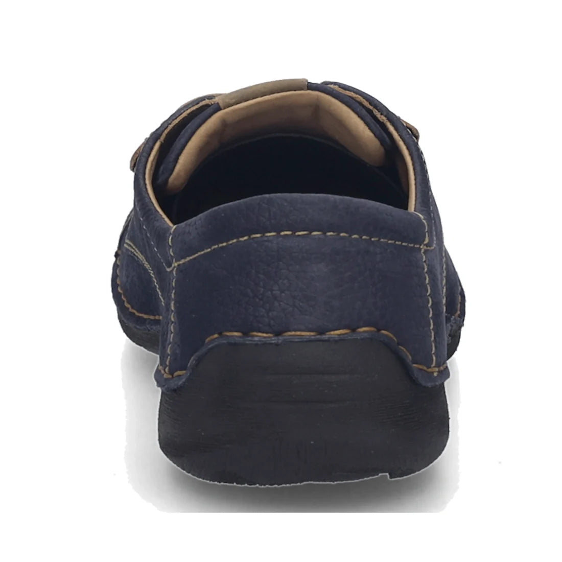 Rear view of the Josef Seibel Fergy 41 Women’s Casual Lace Up Shoe in Ocean Blue, featuring handcrafted stitch detailing, a black rubber sole, and a beige inner lining, isolated on a white background., 53128, 4062838921991, 4062838922004, 4062838922011, 5