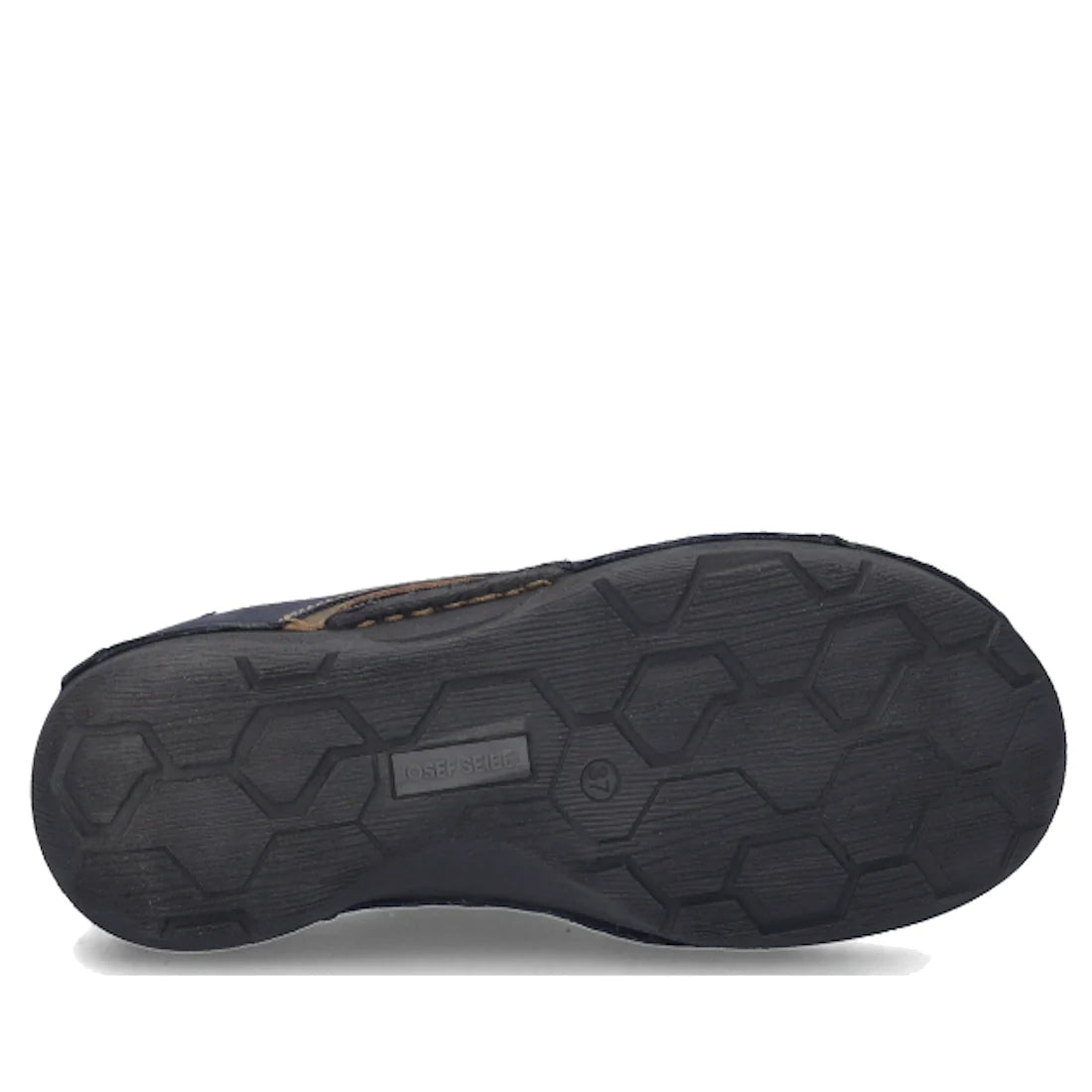 The image shows the bottom sole of the Josef Seibel Fergy 41 Women’s Casual Lace Up Shoe in Ocean Blue, featuring a hexagonal tread pattern and a rectangular brand tag in the center, emphasizing the meticulous craftsmanship characteristic of this premium 