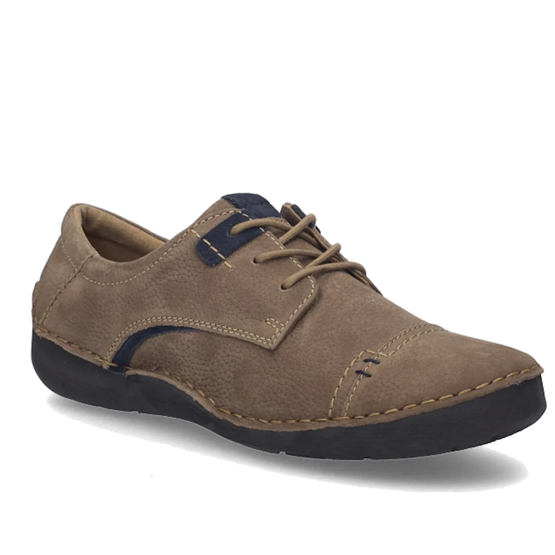 Josef Seibel Fergy 41 women’s casual lace up shoe in Castagne Brown, crafted from premium leather with handcrafted stitch detailing, features a black rubber sole and dark blue accents near the laces and heel. The shoe is positioned to highlight both its s