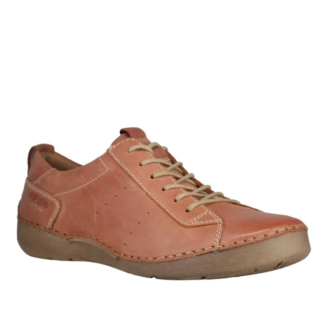 Introducing the Josef Seibel Fergy 56 Women’s Casual Lace Up Shoe in Cognac Tan, expertly crafted from premium smooth leather in a light brown shade. This stylish shoe features beige laces, prominent stitching details, and a comfortable tan rubber sole, a