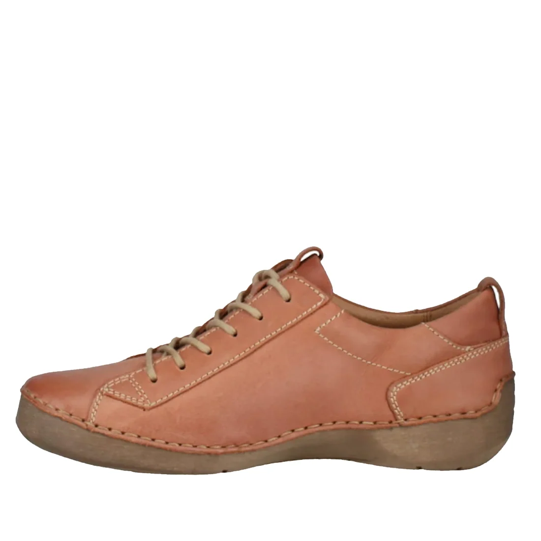 The Josef Seibel Fergy 56 Women’s Casual Lace Up Shoe in Cognac Tan is crafted from premium smooth leather, highlighted with beige stitching and set on a light brown rubber sole for all-day comfort, showcased from a side view against a white background.