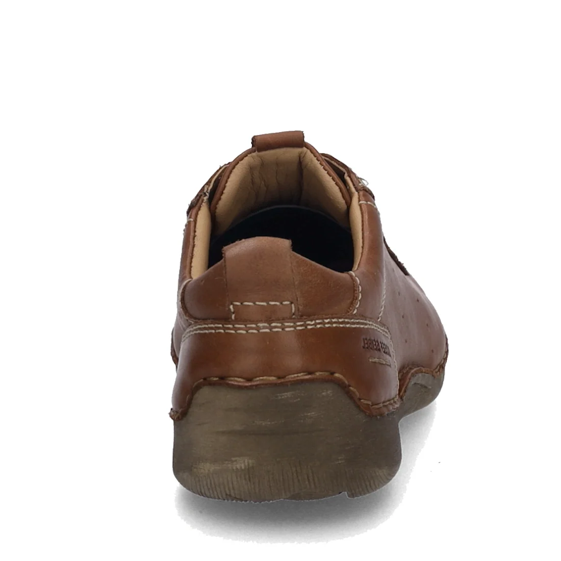 A cognac tan Josef Seibel Fergy 56 women’s casual lace-up shoe is viewed from the back, highlighting its stitching details and thick rubber sole against a white background, designed for a comfortable fit.
